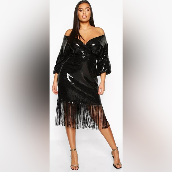 Boohoo Plus Size Sequin Faux Wrap Fringe Long Sleeve Boho MIDI - Picture 3 of 14